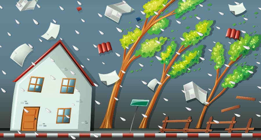 Illustration of a storm striking a house and the immediate surroundings